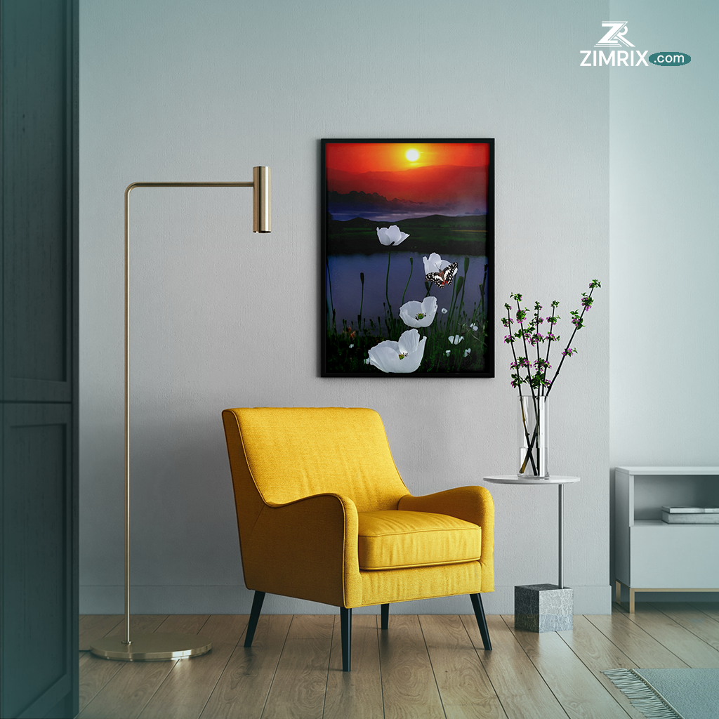 A modern room with a yellow armchair, a floor lamp, wall art of a sunset, and flowers in a vase.