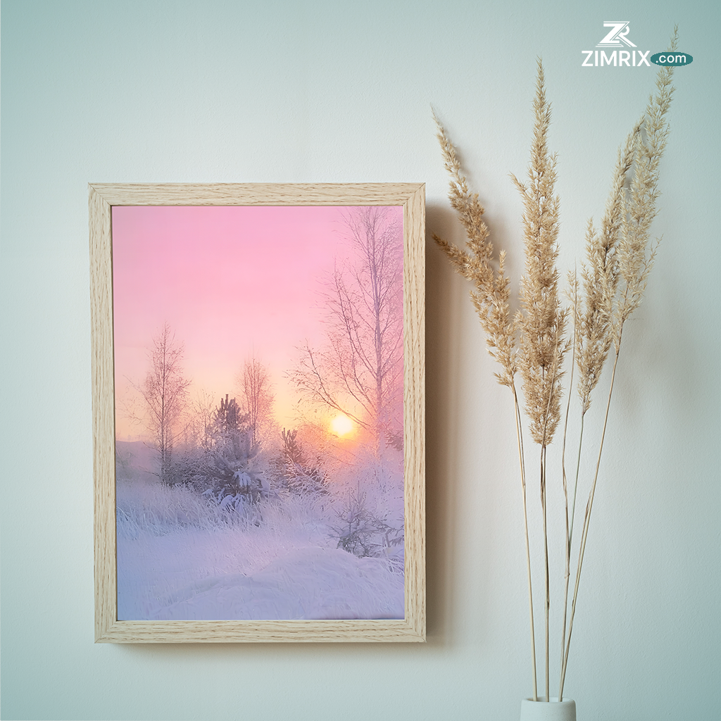 A woman stands in the snow, gazing up at the sun, surrounded by a serene winter landscape.